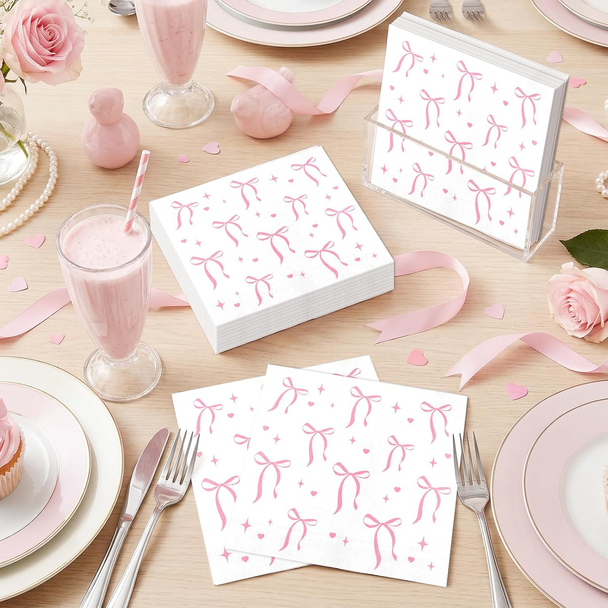 Pink Bow Napkins Disposable Coquette Cocktail Napkins, 100 Pcs