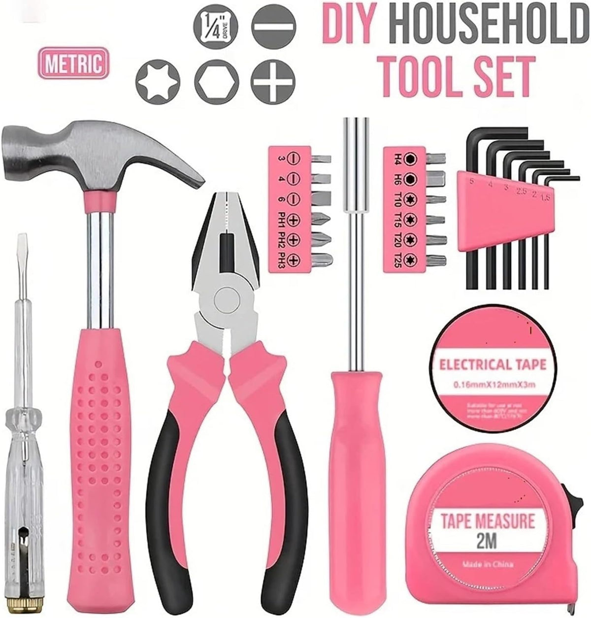 13pcs pink household manual toolbox, including pliers, tape measure hammers, and other tools, can be used Compatible with home repairs.(Art knife style)