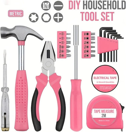 13pcs pink household manual toolbox, including pliers, tape measure hammers, and other tools, can be used Compatible with home repairs.(Art knife style)