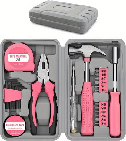 13pcs pink household manual toolbox, including pliers, tape measure hammers, and other tools, can be used Compatible with home repairs.(Art knife style)