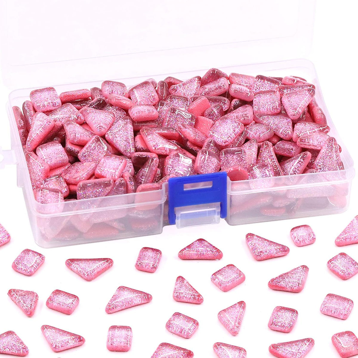 1 Pound Pink Shine Crystal Series Mosaic Tiles Assortment Kit, Square and Triangle Genuine Mosaic Tiles Glitter Crystal Mosaic Perfect for Home Decoration Crafts