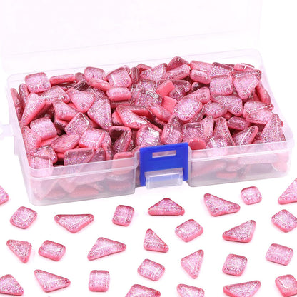 1 Pound Pink Shine Crystal Series Mosaic Tiles Assortment Kit, Square and Triangle Genuine Mosaic Tiles Glitter Crystal Mosaic Perfect for Home Decoration Crafts