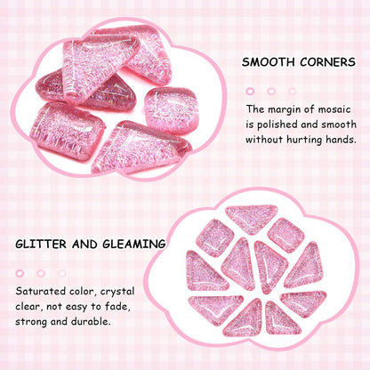 1 Pound Pink Shine Crystal Series Mosaic Tiles Assortment Kit, Square and Triangle Genuine Mosaic Tiles Glitter Crystal Mosaic Perfect for Home Decoration Crafts