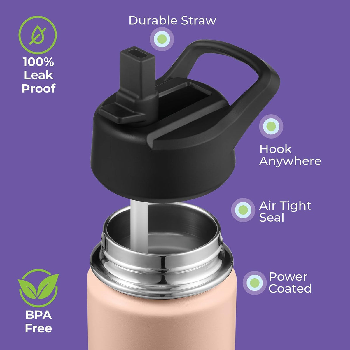 ™ 12 oz Insulated Water Bottle with Straw Lid – Leakproof Stainless Steel, BPA-Free, Easy to Carry – Perfect for School, Camp, Sports & Travel – Peach