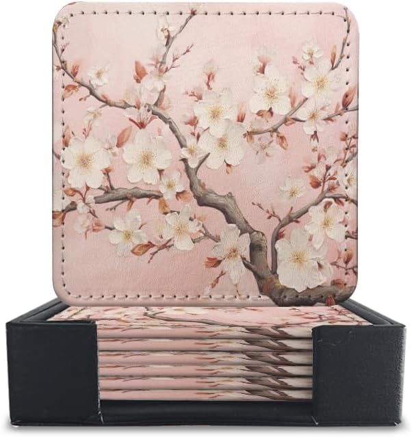 Coasters for Drinks with Holder, Pink Cherry Blossoms on Branches Square Coaster for Tabletop Protection, 6Pcs Coasters for Home Decor