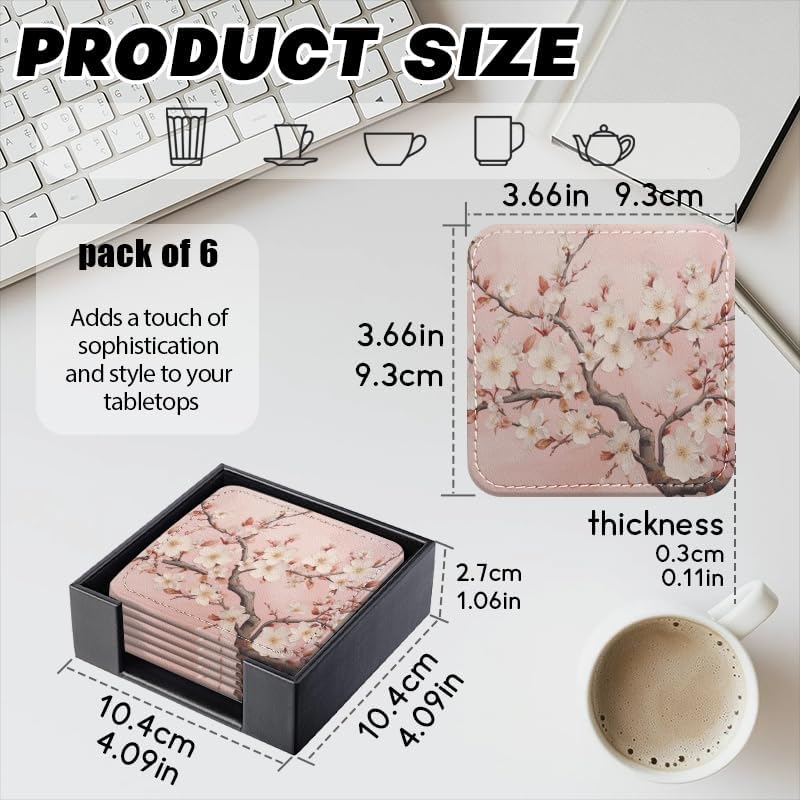 Coasters for Drinks with Holder, Pink Cherry Blossoms on Branches Square Coaster for Tabletop Protection, 6Pcs Coasters for Home Decor