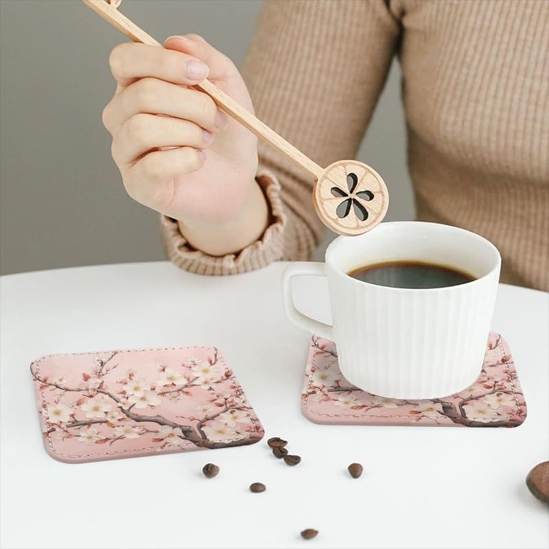 Coasters for Drinks with Holder, Pink Cherry Blossoms on Branches Square Coaster for Tabletop Protection, 6Pcs Coasters for Home Decor
