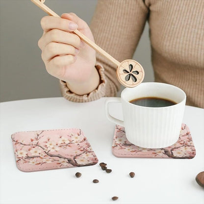 Coasters for Drinks with Holder, Pink Cherry Blossoms on Branches Square Coaster for Tabletop Protection, 6Pcs Coasters for Home Decor
