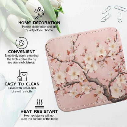 Coasters for Drinks with Holder, Pink Cherry Blossoms on Branches Square Coaster for Tabletop Protection, 6Pcs Coasters for Home Decor