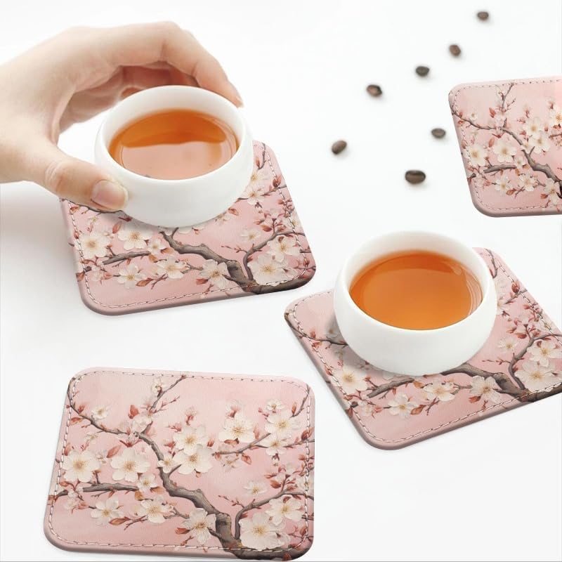 Coasters for Drinks with Holder, Pink Cherry Blossoms on Branches Square Coaster for Tabletop Protection, 6Pcs Coasters for Home Decor