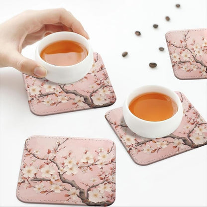 Coasters for Drinks with Holder, Pink Cherry Blossoms on Branches Square Coaster for Tabletop Protection, 6Pcs Coasters for Home Decor