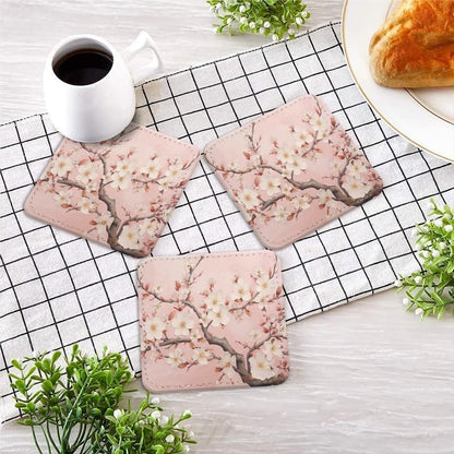 Coasters for Drinks with Holder, Pink Cherry Blossoms on Branches Square Coaster for Tabletop Protection, 6Pcs Coasters for Home Decor
