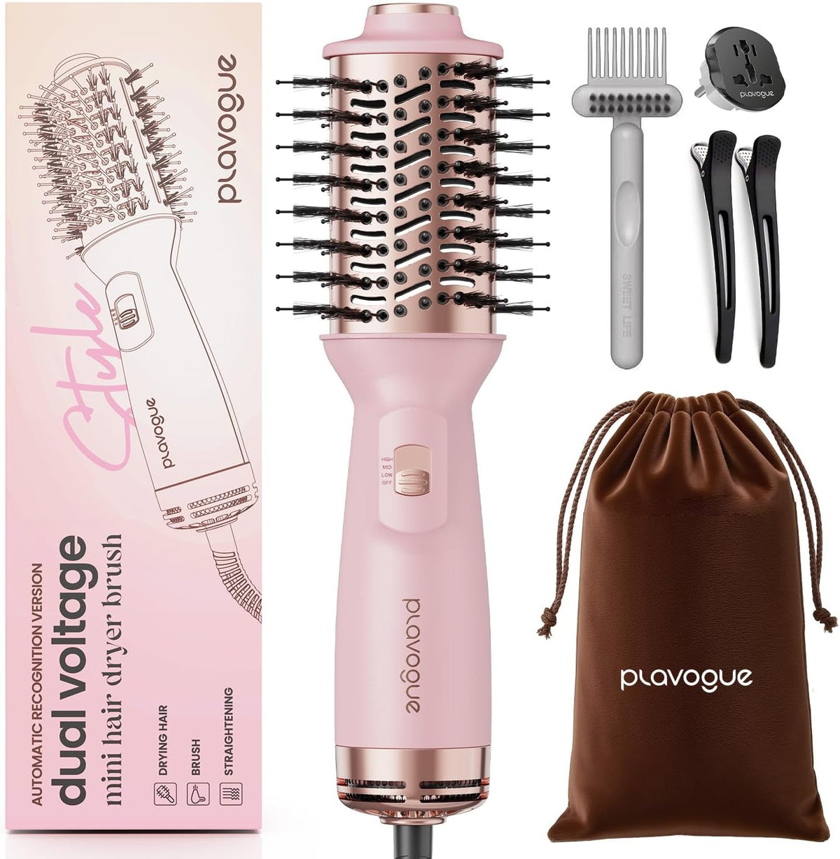 PLAVOGUE Mini Dual Voltage Hair Dryer Brush, 700 Watts Travel Hot Air Brush with European Plug，Ionic One Step Blow Dryer and Styling Brush with Ceramic Coating for Women for Home & Salon (Pink)