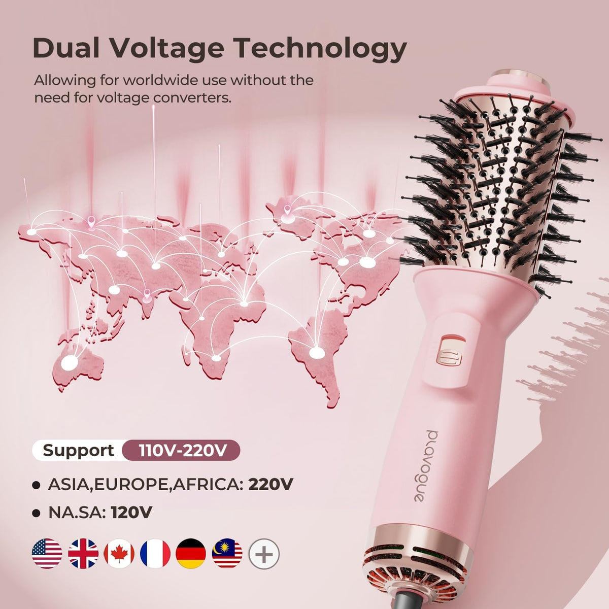 PLAVOGUE Mini Dual Voltage Hair Dryer Brush, 700 Watts Travel Hot Air Brush with European Plug，Ionic One Step Blow Dryer and Styling Brush with Ceramic Coating for Women for Home & Salon (Pink)