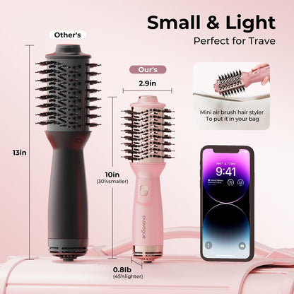 PLAVOGUE Mini Dual Voltage Hair Dryer Brush, 700 Watts Travel Hot Air Brush with European Plug，Ionic One Step Blow Dryer and Styling Brush with Ceramic Coating for Women for Home & Salon (Pink)