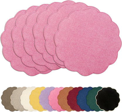 Round Faux Linen Placemats Set of 6 Heat Resistant Non-Slip Stain Proof Table Mats for Kitchen Dining Elegant Decor Place Mats (6, Pink)