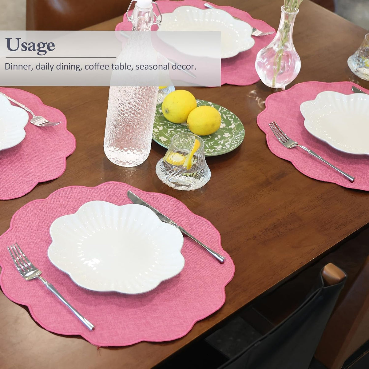 Round Faux Linen Placemats Set of 6 Heat Resistant Non-Slip Stain Proof Table Mats for Kitchen Dining Elegant Decor Place Mats (6, Pink)