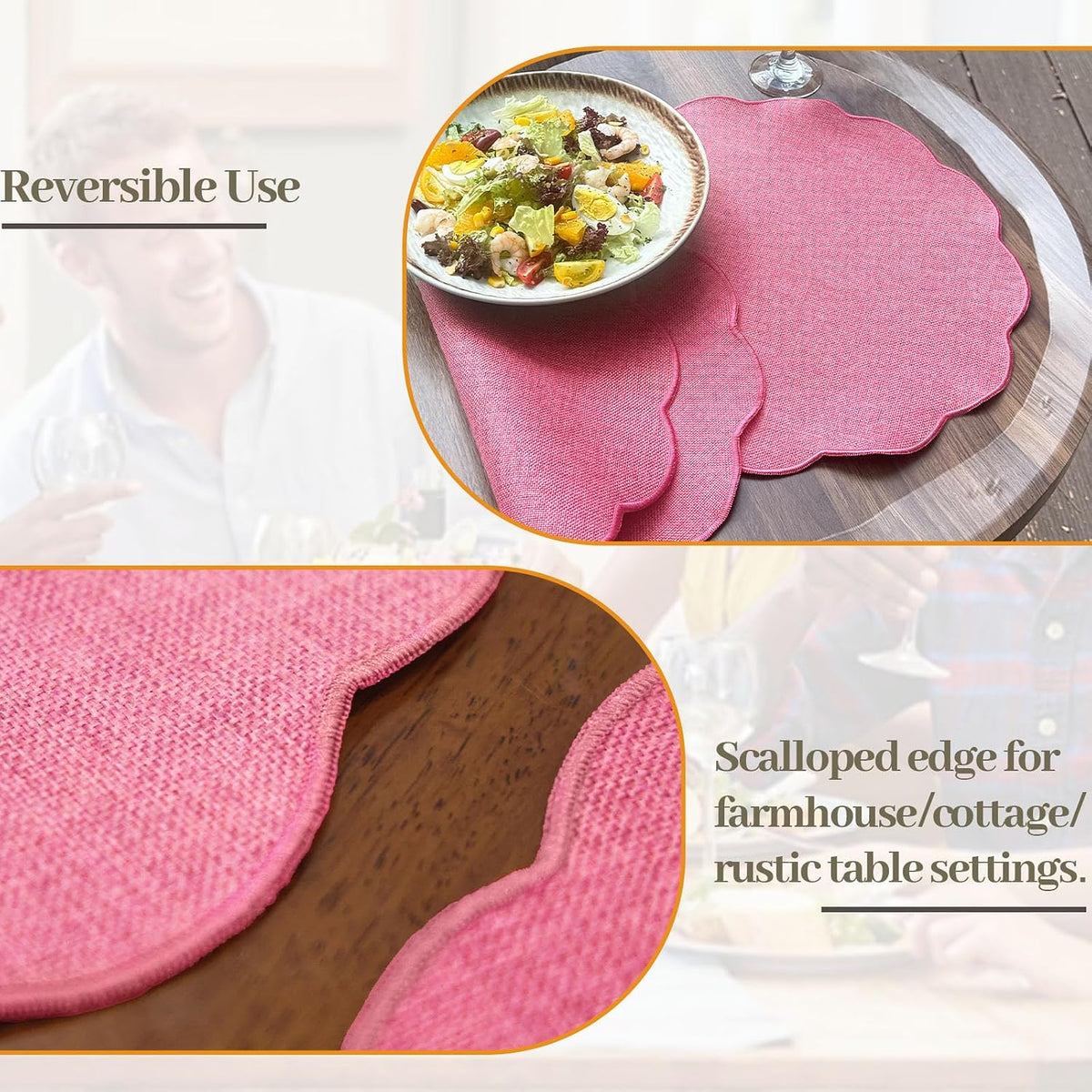 Round Faux Linen Placemats Set of 6 Heat Resistant Non-Slip Stain Proof Table Mats for Kitchen Dining Elegant Decor Place Mats (6, Pink)