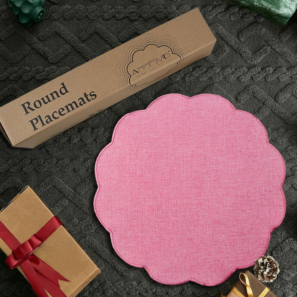 Round Faux Linen Placemats Set of 6 Heat Resistant Non-Slip Stain Proof Table Mats for Kitchen Dining Elegant Decor Place Mats (6, Pink)