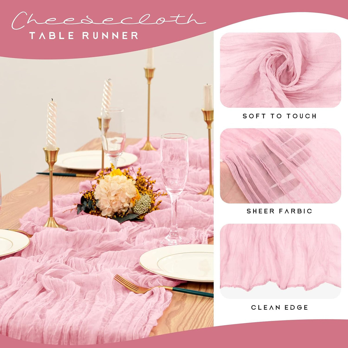 12 Pack Light Pink Table Runners 35x70in Cheesecloth Table Runner