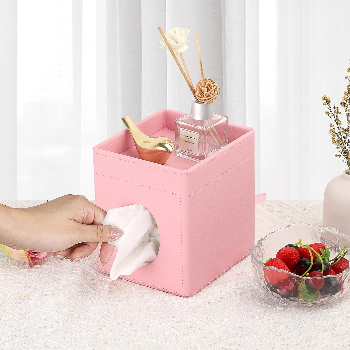 Square Tissue Box Cover with Storage Tray,Tissue Box Holder,Pink