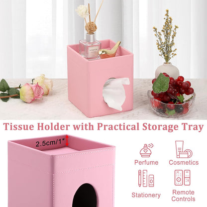 Square Tissue Box Cover with Storage Tray,Tissue Box Holder,Pink