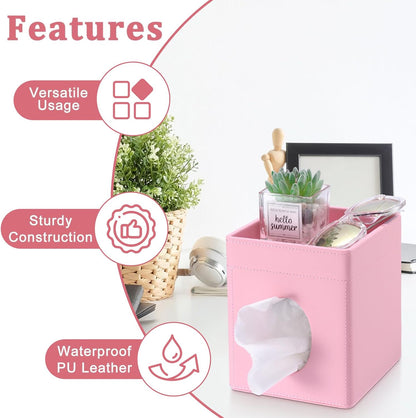 Square Tissue Box Cover with Storage Tray,Tissue Box Holder,Pink