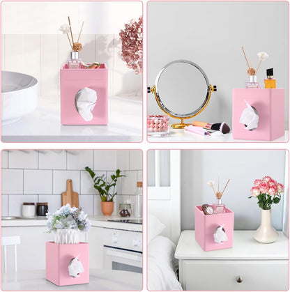 Square Tissue Box Cover with Storage Tray,Tissue Box Holder,Pink