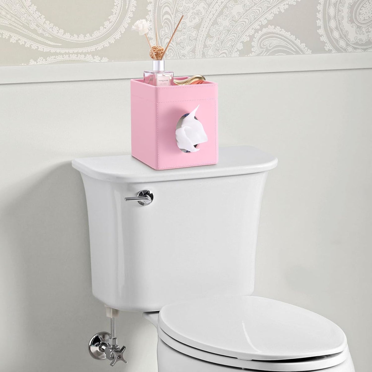 Square Tissue Box Cover with Storage Tray,Tissue Box Holder,Pink