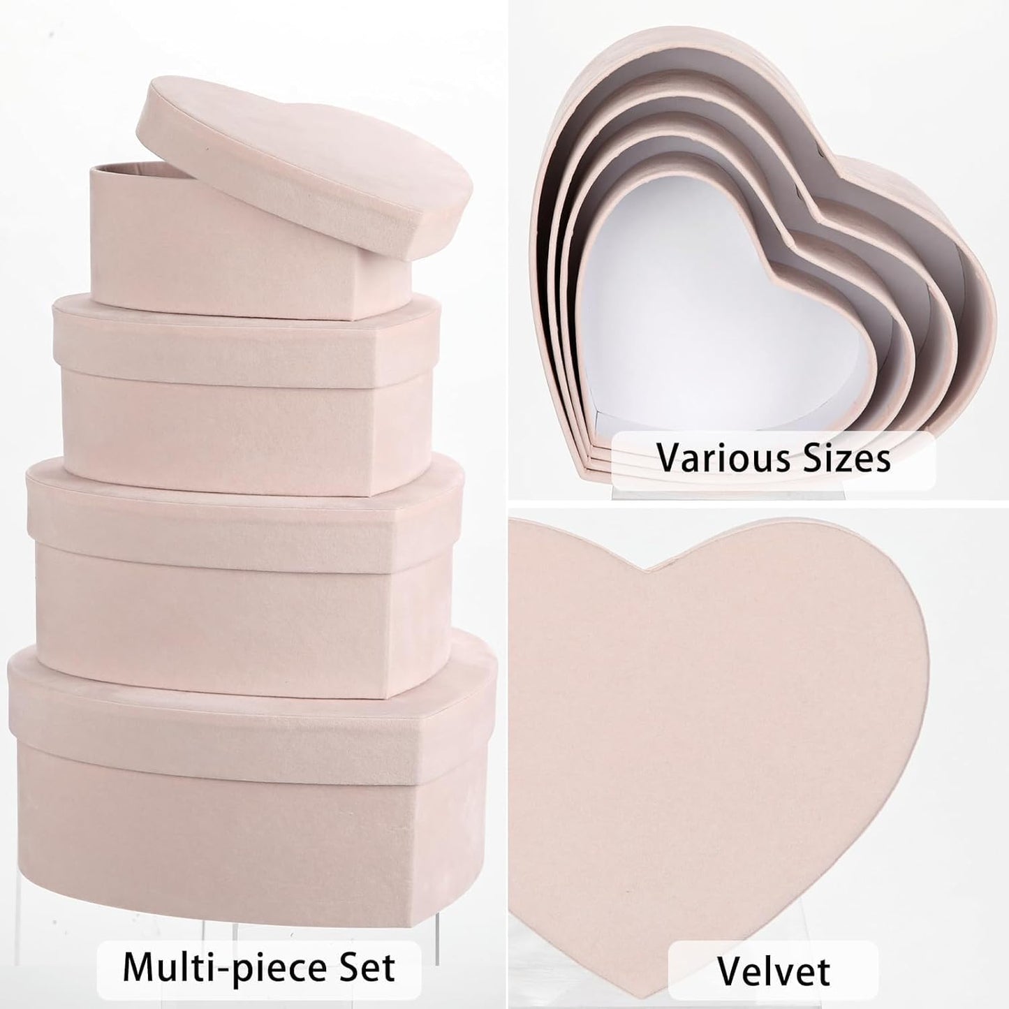 Heart Shaped Gift Boxes with Lids for Presents Set of 4 Light Pink Velvet Nesting Gifts Box for Arrangements Flowers Wedding Birthday Valentines Bridesmaid Christmas Party Anniversary