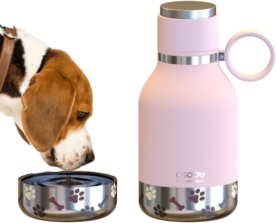 Buddy Bottle, a Stainless Steel Insulated Water Bottle with Removable Dog Water Bowl and Dog Food and Treat Storage (Pink, 37 Oz)
