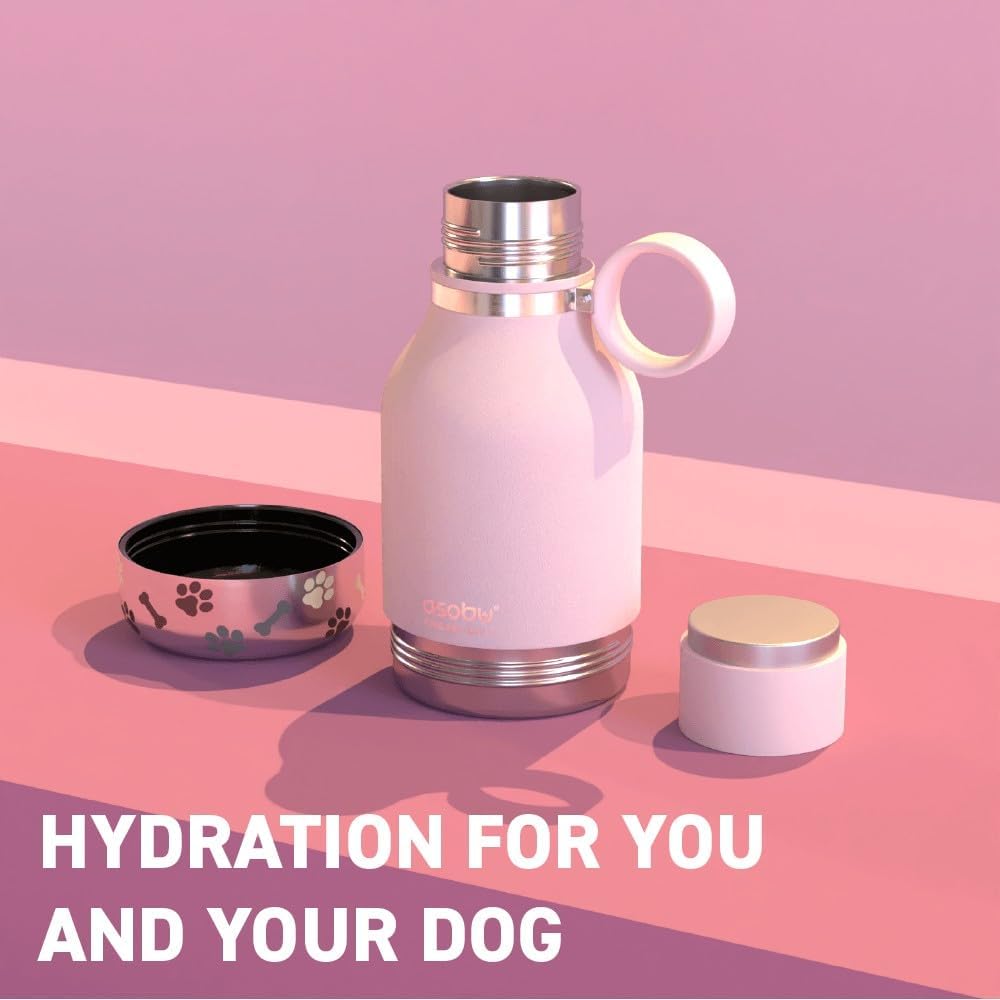 Buddy Bottle, a Stainless Steel Insulated Water Bottle with Removable Dog Water Bowl and Dog Food and Treat Storage (Pink, 37 Oz)