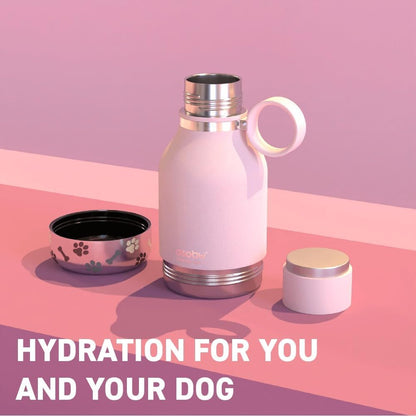 Buddy Bottle, a Stainless Steel Insulated Water Bottle with Removable Dog Water Bowl and Dog Food and Treat Storage (Pink, 37 Oz)