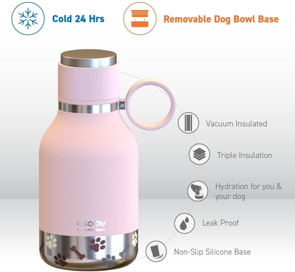 Buddy Bottle, a Stainless Steel Insulated Water Bottle with Removable Dog Water Bowl and Dog Food and Treat Storage (Pink, 37 Oz)