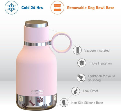 Buddy Bottle, a Stainless Steel Insulated Water Bottle with Removable Dog Water Bowl and Dog Food and Treat Storage (Pink, 37 Oz)