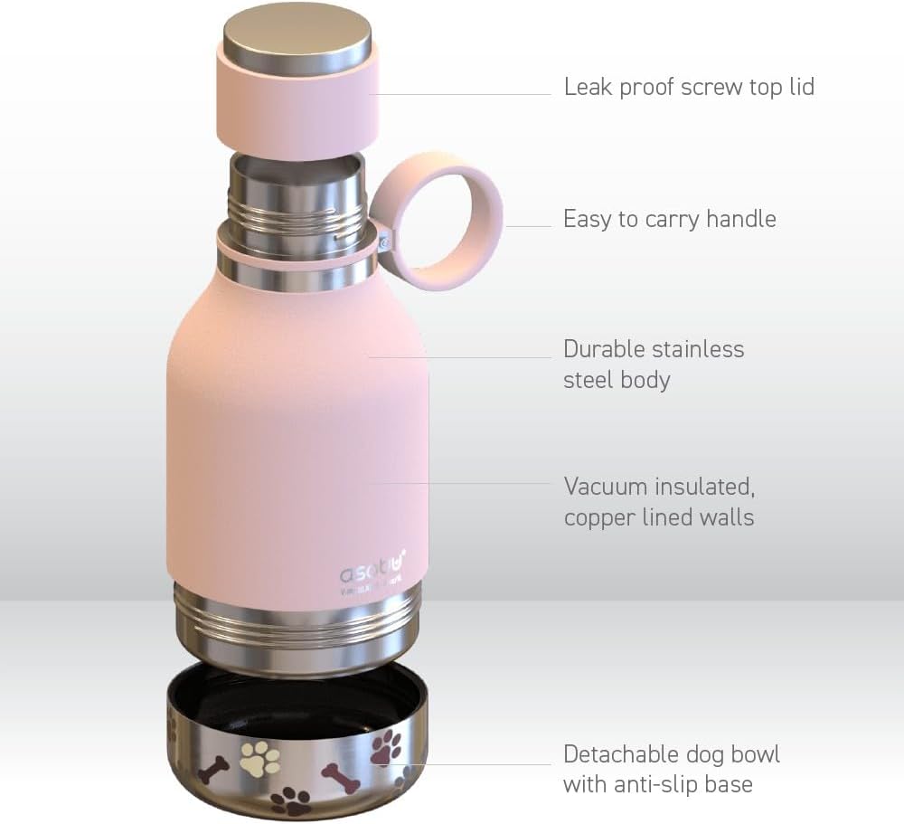 Buddy Bottle, a Stainless Steel Insulated Water Bottle with Removable Dog Water Bowl and Dog Food and Treat Storage (Pink, 37 Oz)