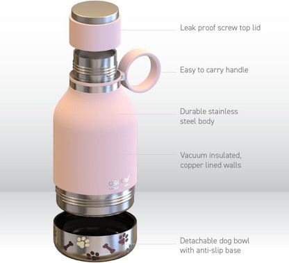 Buddy Bottle, a Stainless Steel Insulated Water Bottle with Removable Dog Water Bowl and Dog Food and Treat Storage (Pink, 37 Oz)