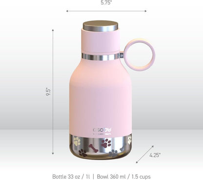 Buddy Bottle, a Stainless Steel Insulated Water Bottle with Removable Dog Water Bowl and Dog Food and Treat Storage (Pink, 37 Oz)