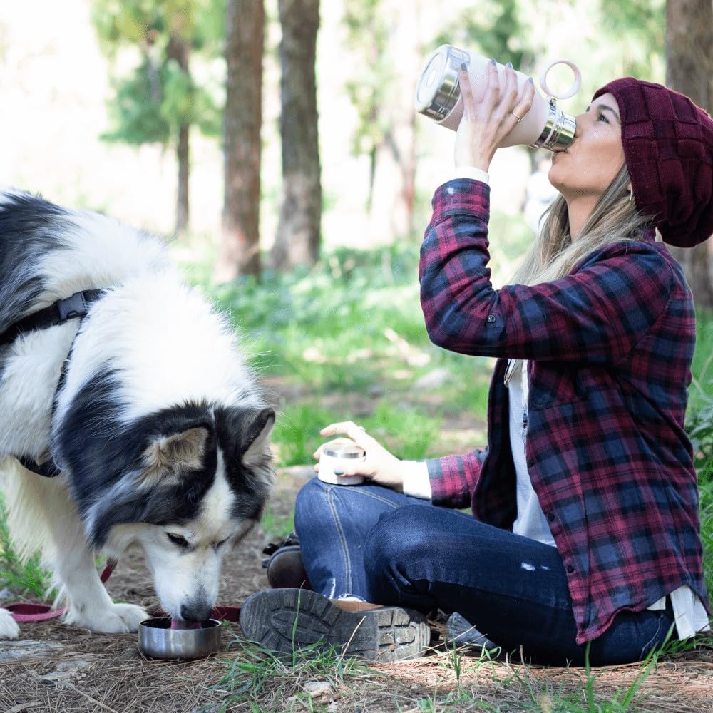 Buddy Bottle, a Stainless Steel Insulated Water Bottle with Removable Dog Water Bowl and Dog Food and Treat Storage (Pink, 37 Oz)