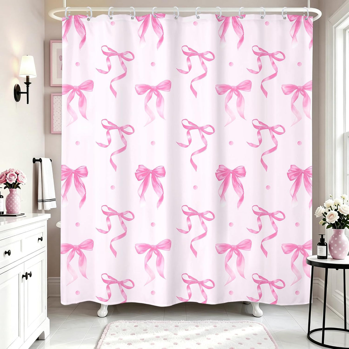 Elegant Pink Bow Bownot Adorable Wave Point Bathroom Shower Curtain Set