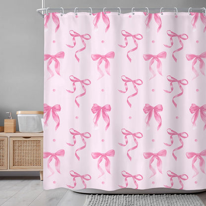 Elegant Pink Bow Bownot Adorable Wave Point Bathroom Shower Curtain Set