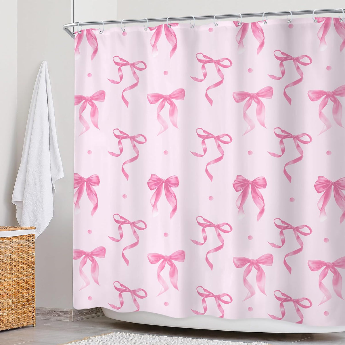 Elegant Pink Bow Bownot Adorable Wave Point Bathroom Shower Curtain Set