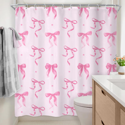 Elegant Pink Bow Bownot Adorable Wave Point Bathroom Shower Curtain Set