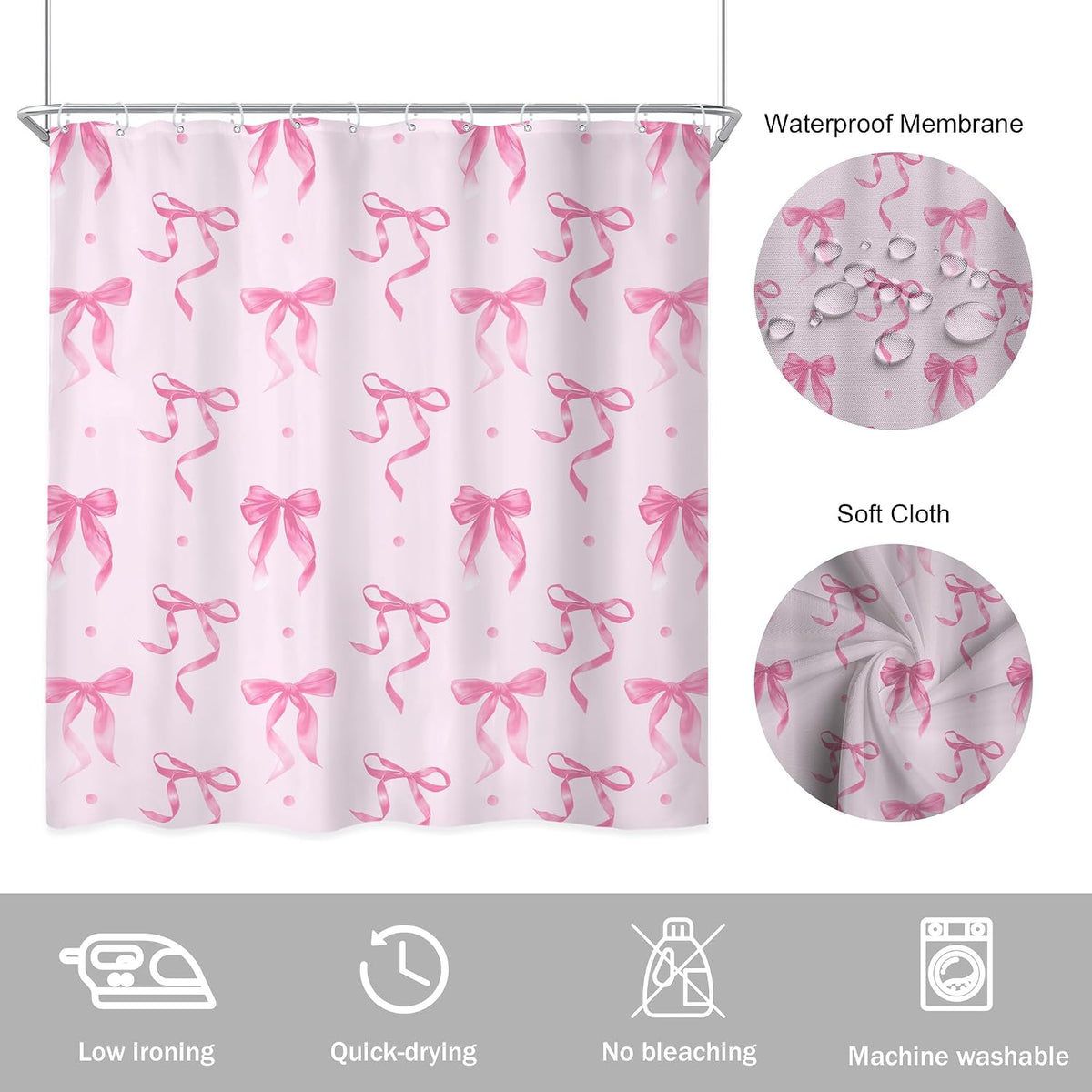 Elegant Pink Bow Bownot Adorable Wave Point Bathroom Shower Curtain Set