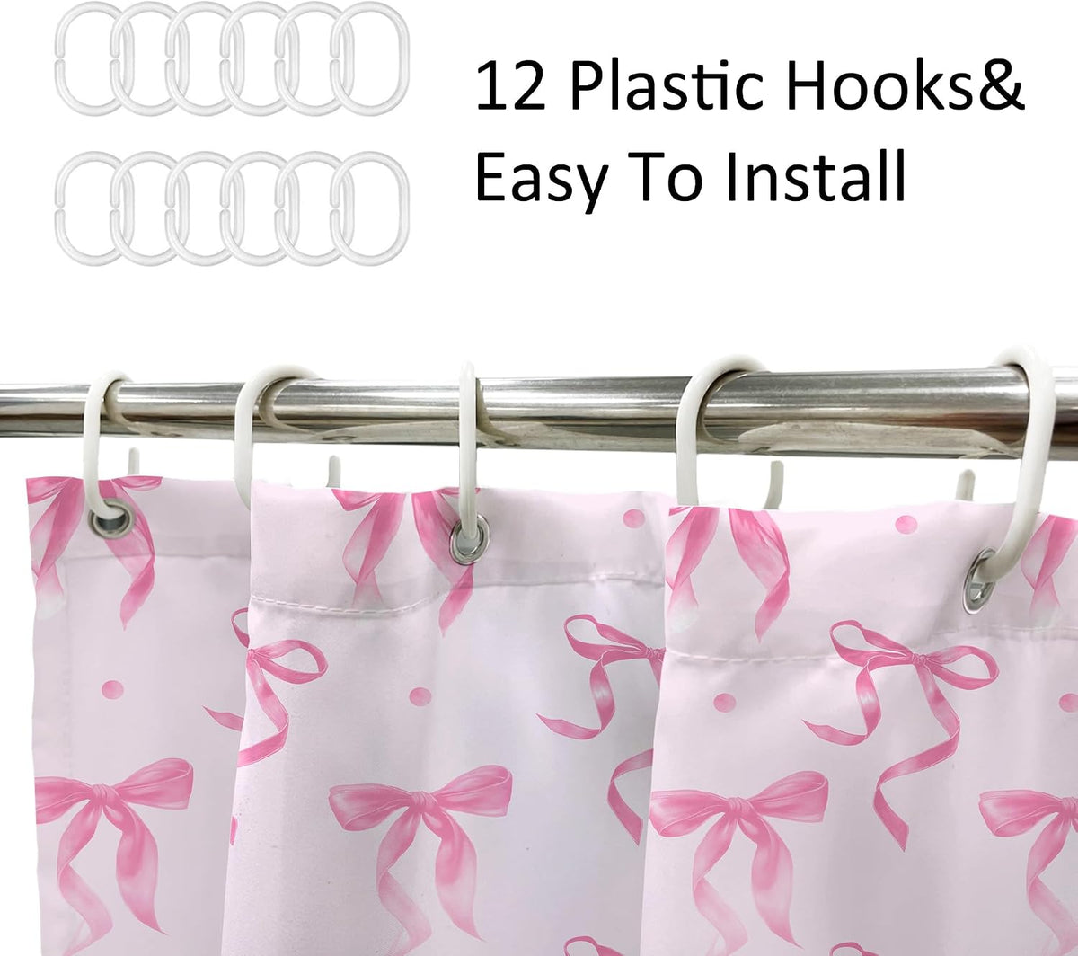 Elegant Pink Bow Bownot Adorable Wave Point Bathroom Shower Curtain Set
