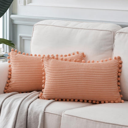 2 Pack Peach Lumbar Decorative Throw Pillow Covers 12x20 Inch with Pom-poms for Couch Bedroom Sofa, Farmhouse Boho Home Decor, Soft Coral Corduroy Solid Rectangle Cushion Case 30x50 cm