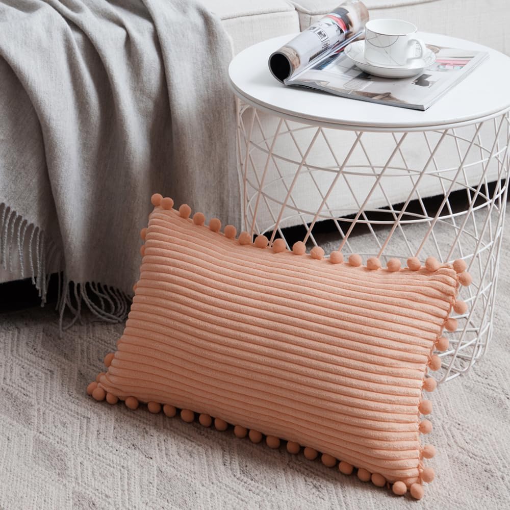 2 Pack Peach Lumbar Decorative Throw Pillow Covers 12x20 Inch with Pom-poms for Couch Bedroom Sofa, Farmhouse Boho Home Decor, Soft Coral Corduroy Solid Rectangle Cushion Case 30x50 cm