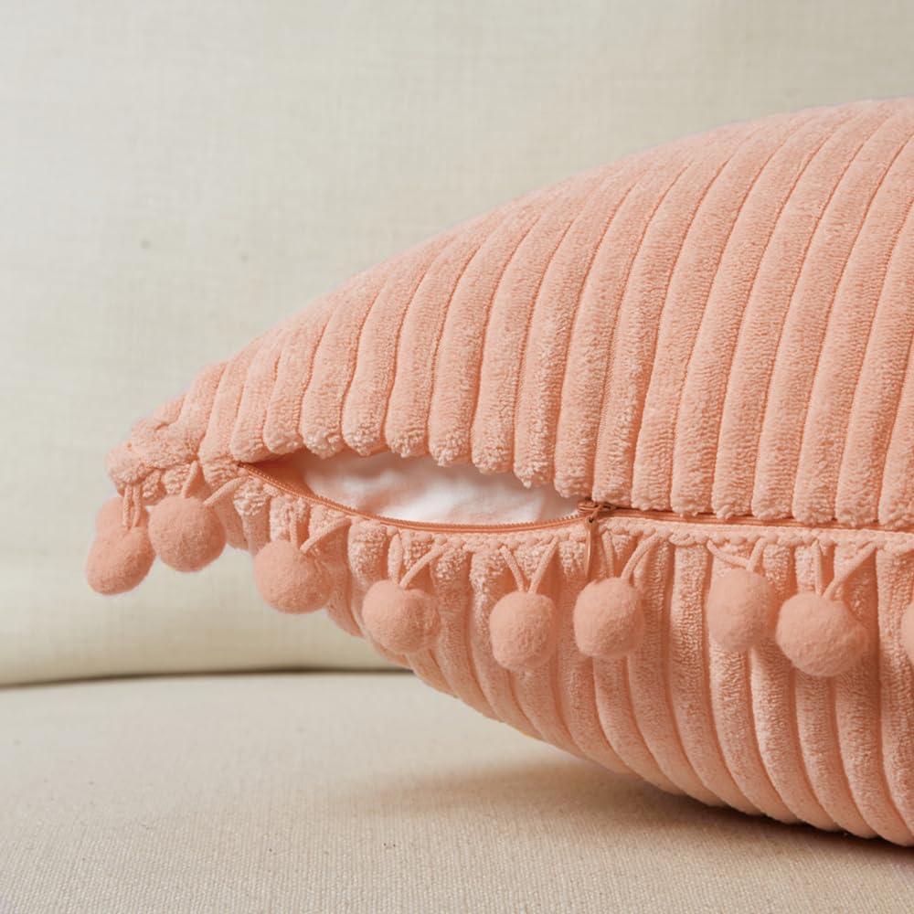 2 Pack Peach Lumbar Decorative Throw Pillow Covers 12x20 Inch with Pom-poms for Couch Bedroom Sofa, Farmhouse Boho Home Decor, Soft Coral Corduroy Solid Rectangle Cushion Case 30x50 cm
