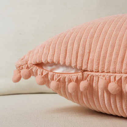 2 Pack Peach Lumbar Decorative Throw Pillow Covers 12x20 Inch with Pom-poms for Couch Bedroom Sofa, Farmhouse Boho Home Decor, Soft Coral Corduroy Solid Rectangle Cushion Case 30x50 cm