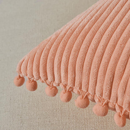 2 Pack Peach Lumbar Decorative Throw Pillow Covers 12x20 Inch with Pom-poms for Couch Bedroom Sofa, Farmhouse Boho Home Decor, Soft Coral Corduroy Solid Rectangle Cushion Case 30x50 cm